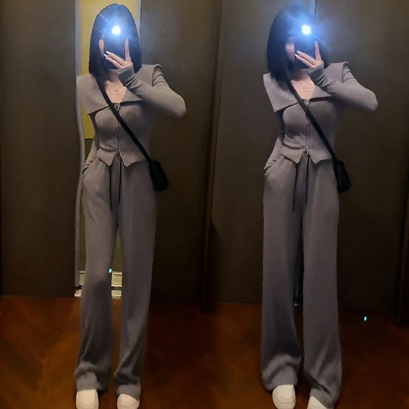 时尚洋气套装女2025年春秋新款小个子气质短外套休闲阔腿裤两件套