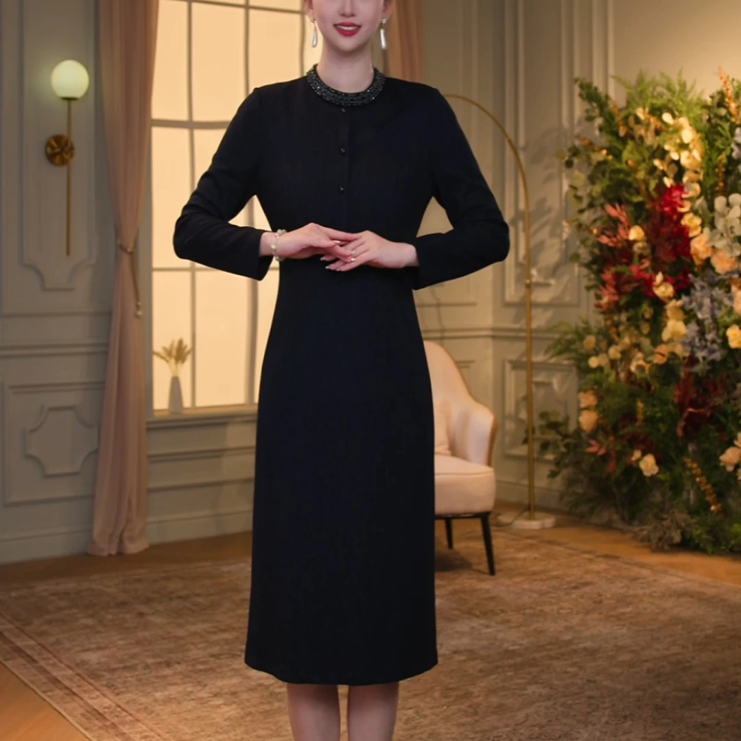 【香妮芬】83553秋季新款藏蓝修身显瘦女装连衣裙长袖长裙
