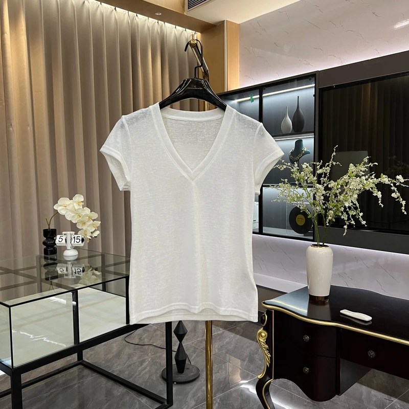 小马刺绣V领短袖T恤宽松休闲百搭纯色上衣GK-208