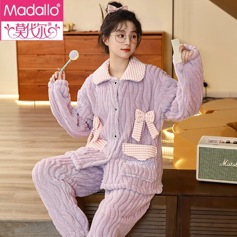 莫代尔睡衣女秋冬款冬季珊瑚绒家居服法兰绒加厚冬天加绒保暖可外