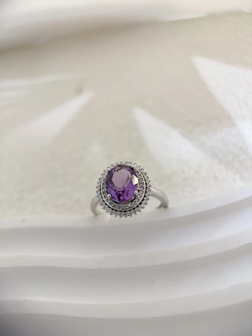 925银戒指 S925银双层镶嵌紫水 晶戒指神秘高贵女王气质轻奢