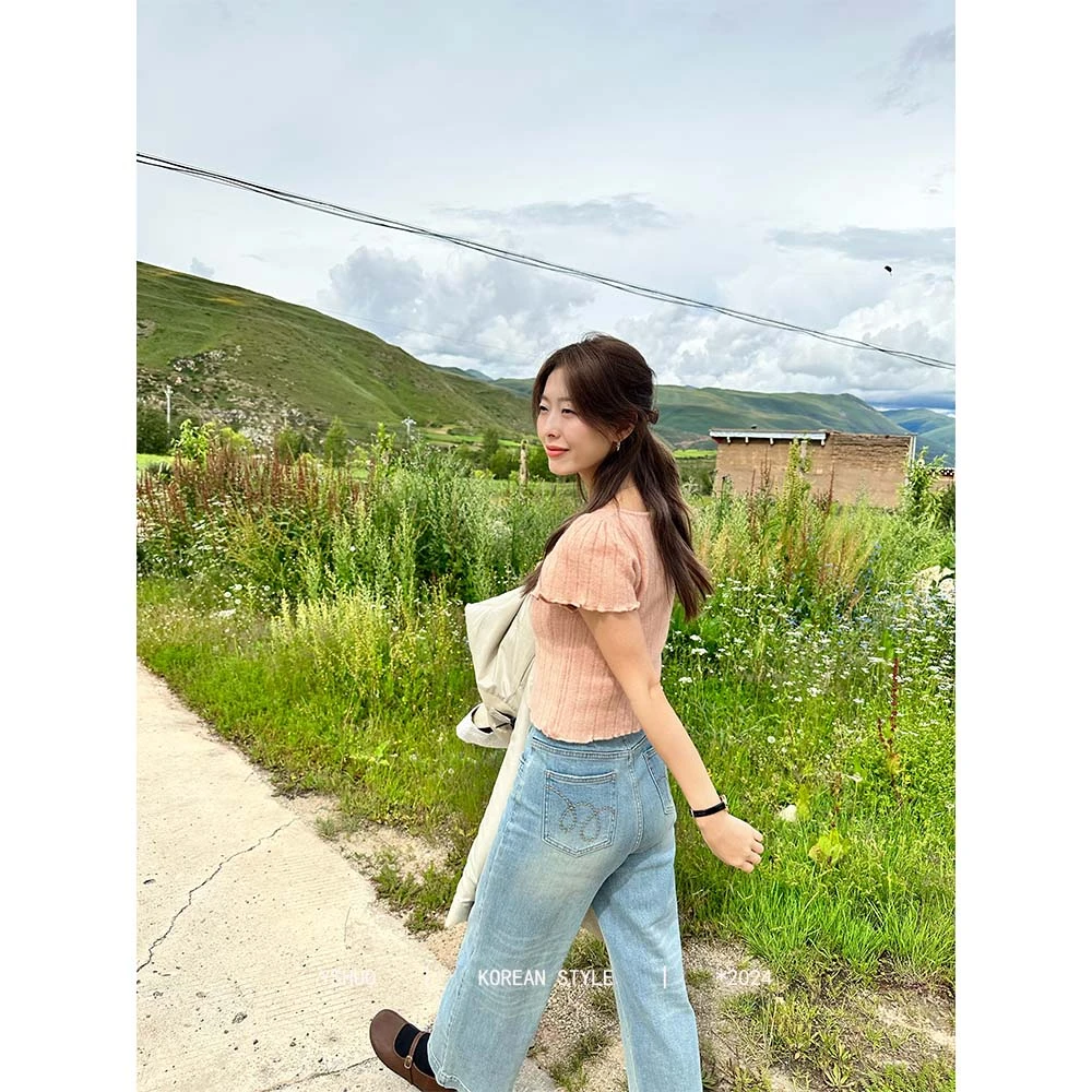 【莓厘果茶】木耳边装饰扣子套头竖条纹百搭短袖针织衫 24552