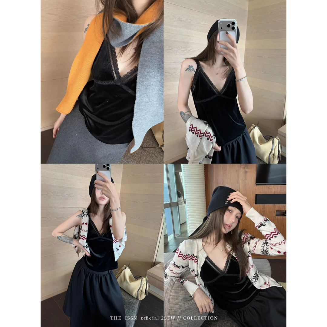 THEISSN宁司 蕾丝边V领丝绒吊带背心女冬性感内搭上衣 01937