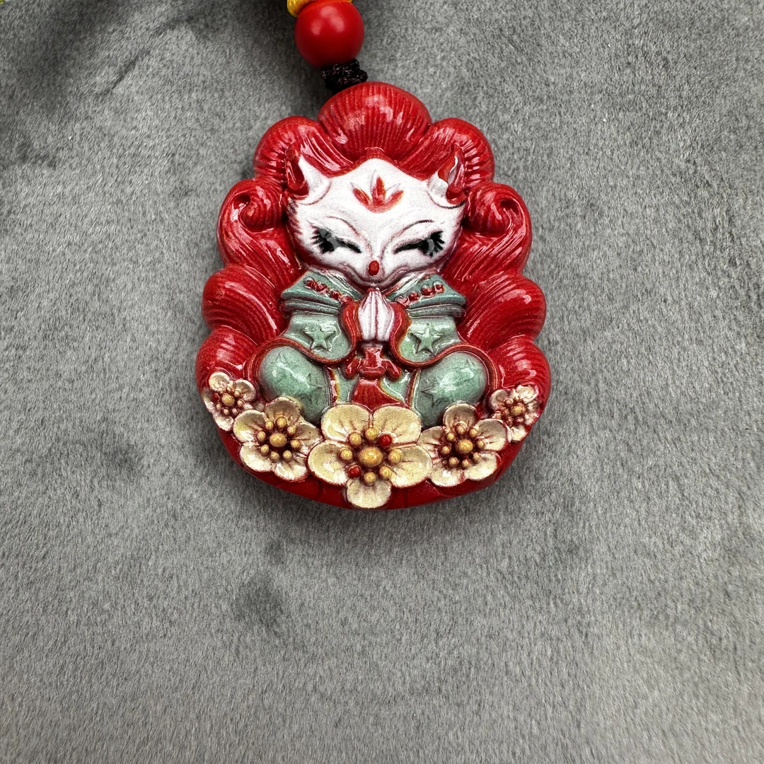 含辰砂工艺品天然朱砂彩绘凤九项链招桃花挂件水飞砂九尾狐