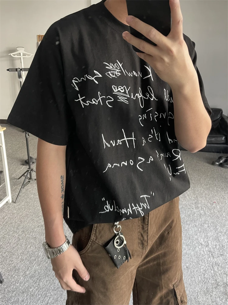 H22美式高级感手稿图字母短袖T恤男女cleanfit宽松情侣小领口上衣