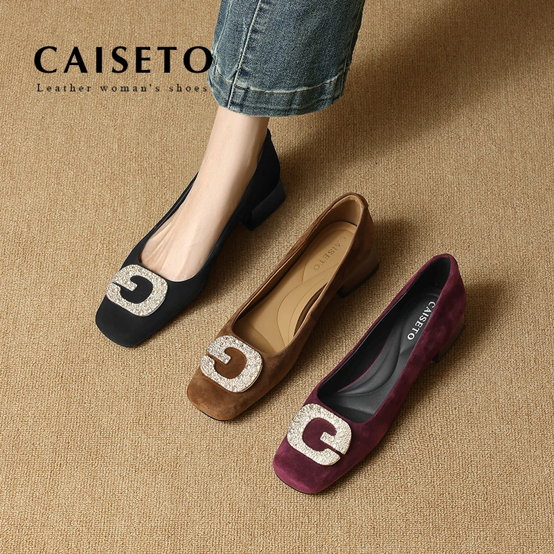 头层羊皮/3.5CM方头粗跟全羊皮新款大扣件软底软面点D732