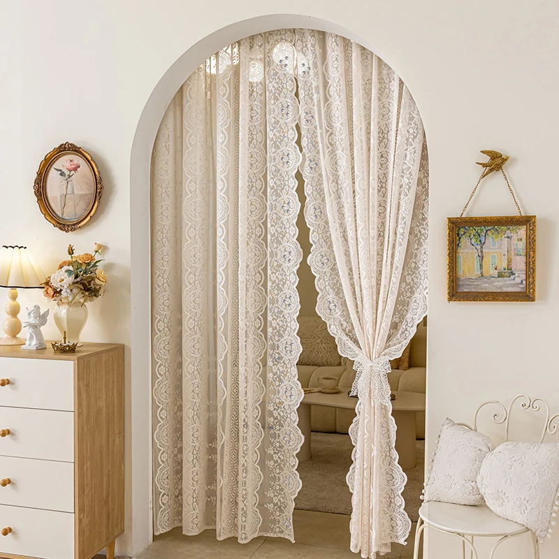 法式蕾丝门帘拱形免打孔穿杆温馨家用蕾丝纱帘透光不透人卧室通用