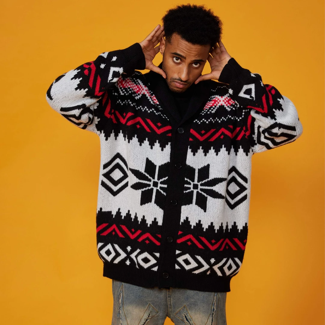 美式复古提花针织衫秋冬加厚重工粗针毛织外套男