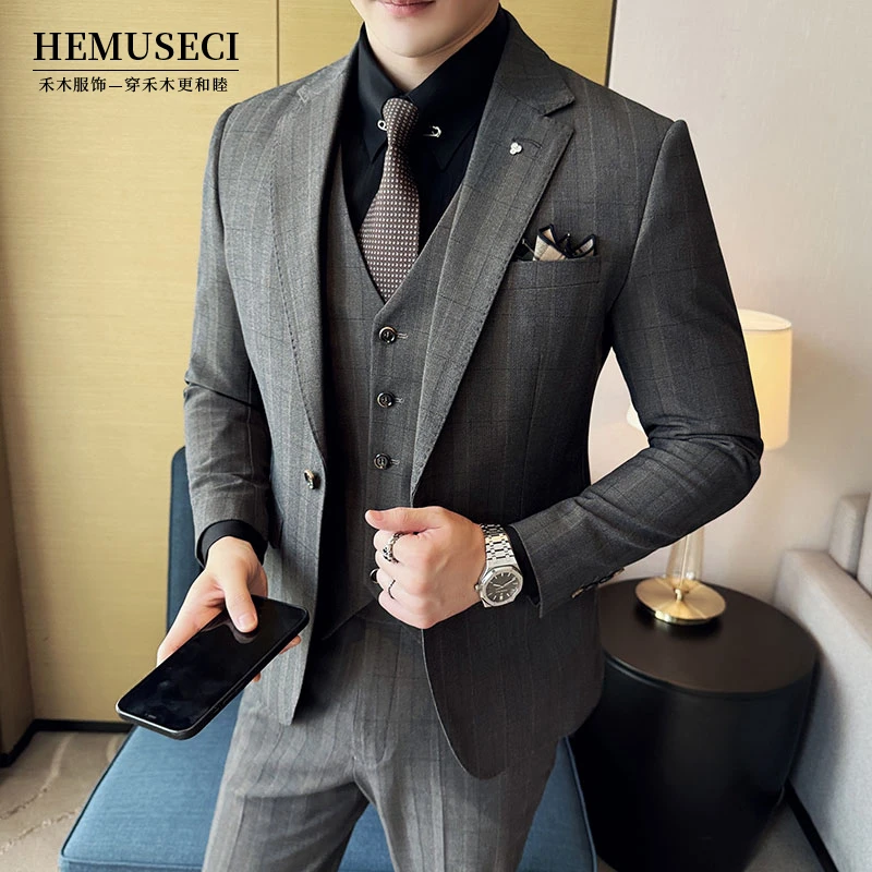 色织格子修身西服套装帅气休闲正装职业男士结婚外套礼服正装商务