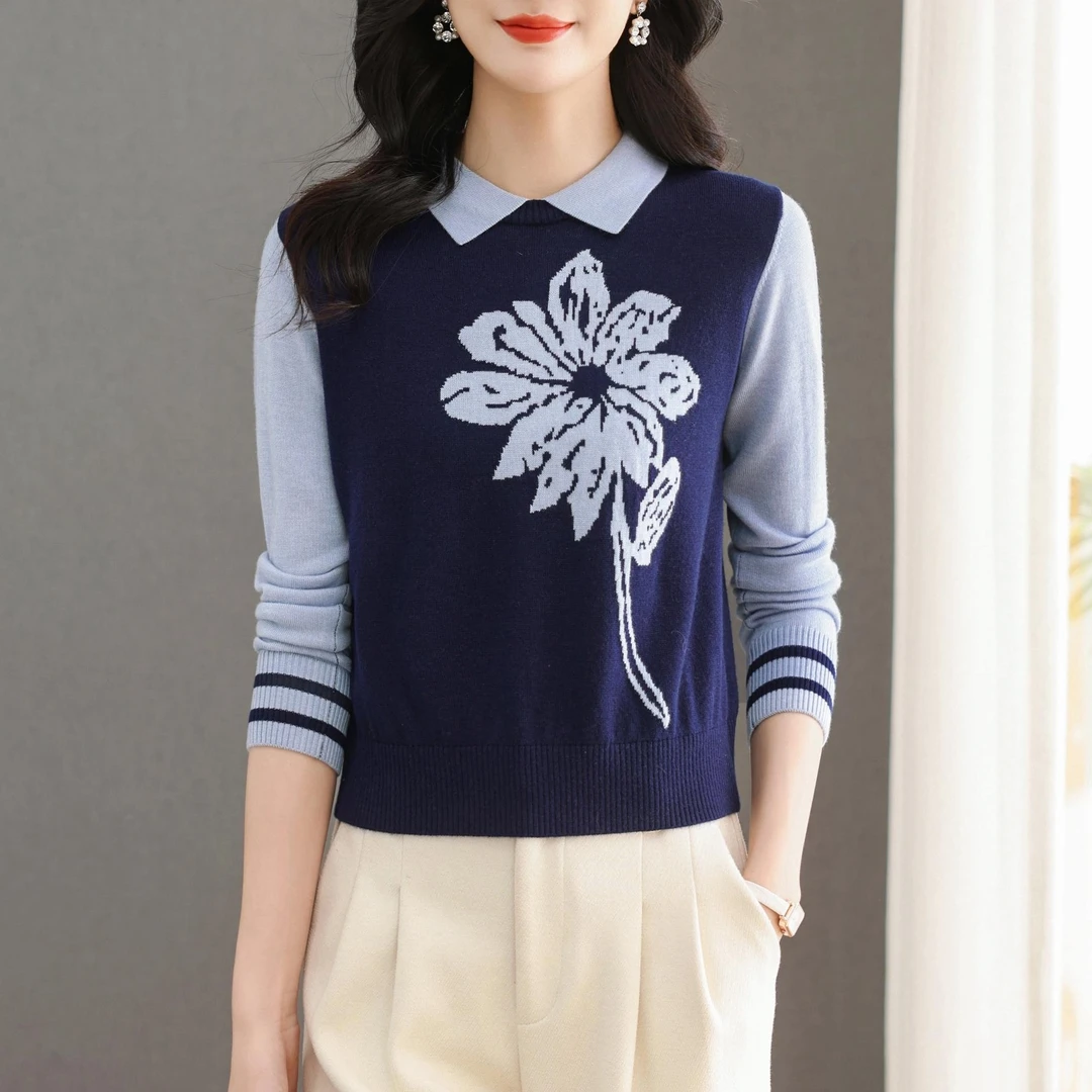 2025春秋款翻领女针织衫提花时尚气质休闲典雅百搭宽松套头上衣