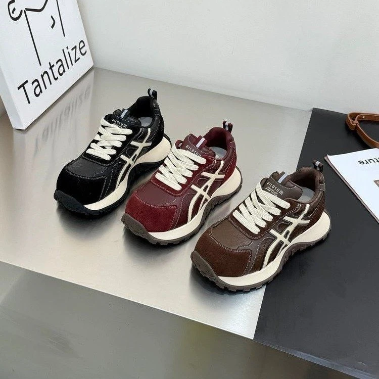 真皮阿甘鞋2025秋季新款厚底复古拼色时尚透气增高休闲系带老爹鞋