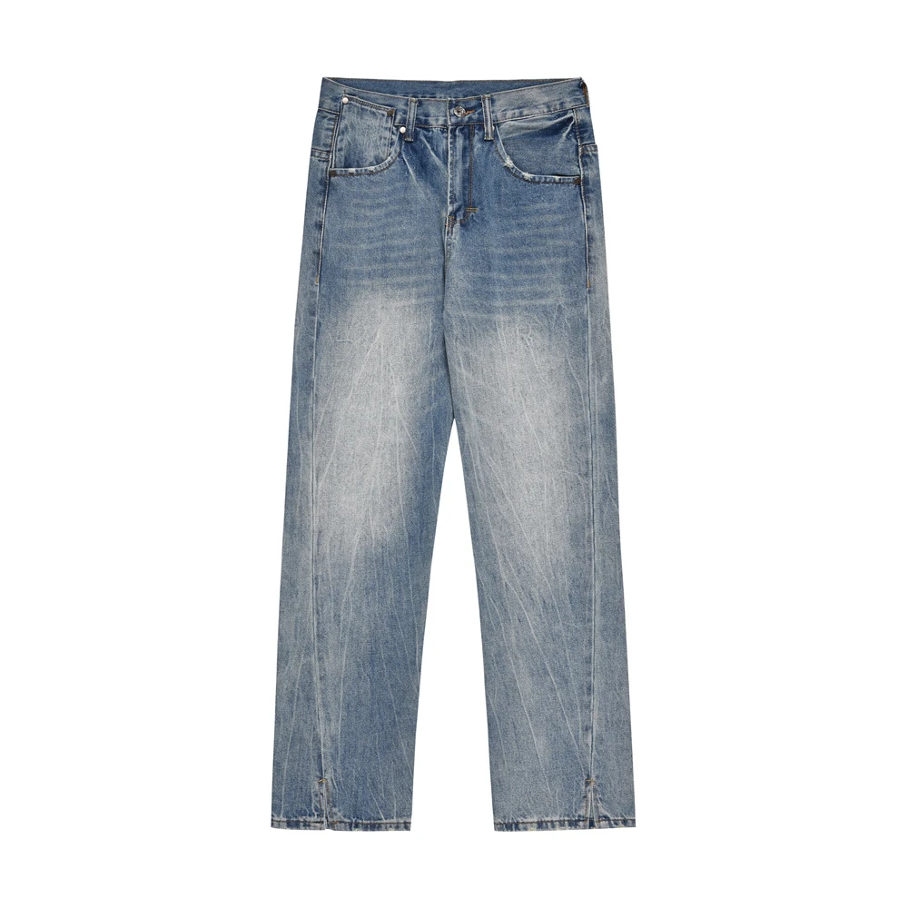 bobo姐 秋季美式复古水洗休闲直筒立体剪裁裤脚开叉牛仔裤