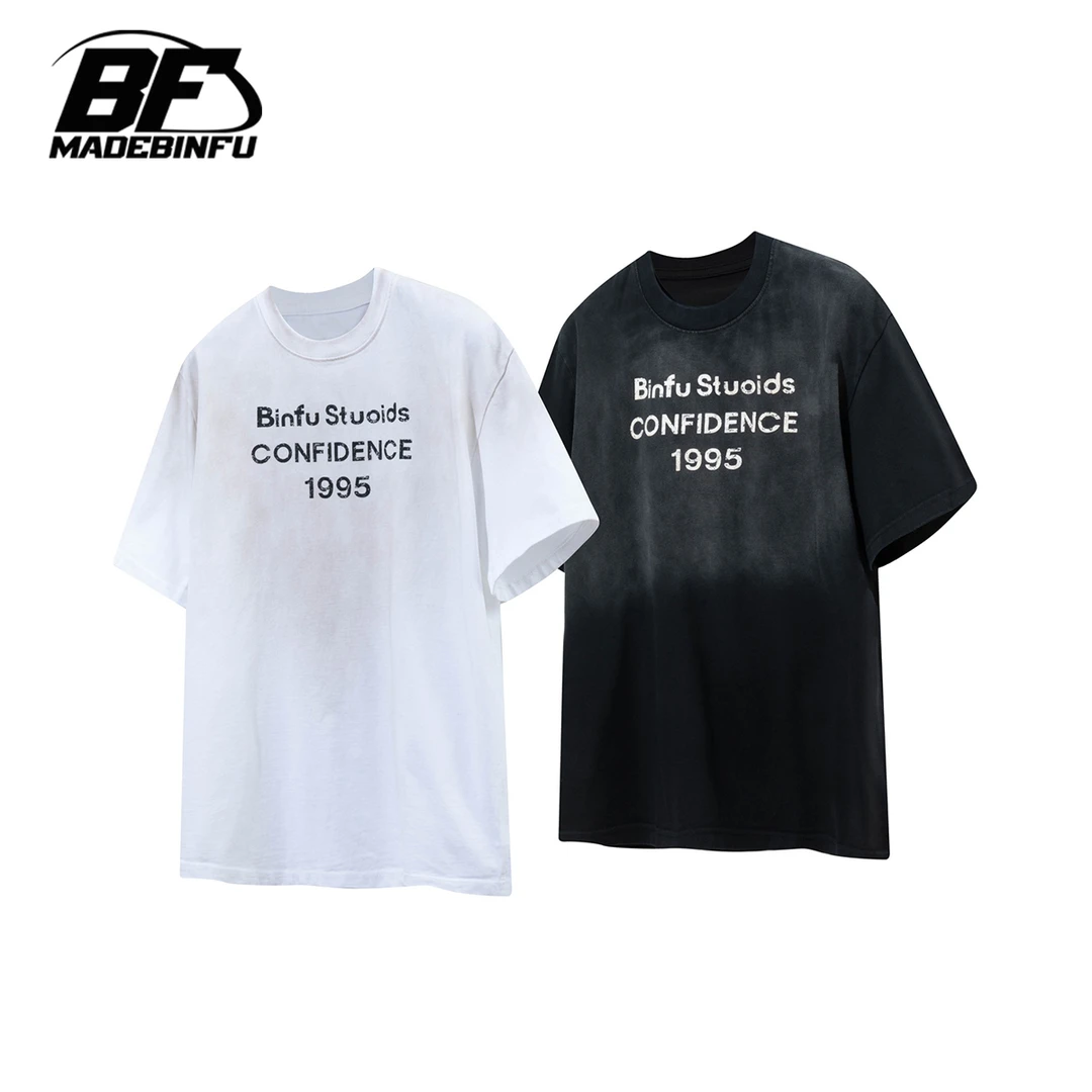 BINFU原创 简约基础百搭高级感男女同款手工脏脏做旧宽松短袖T恤
