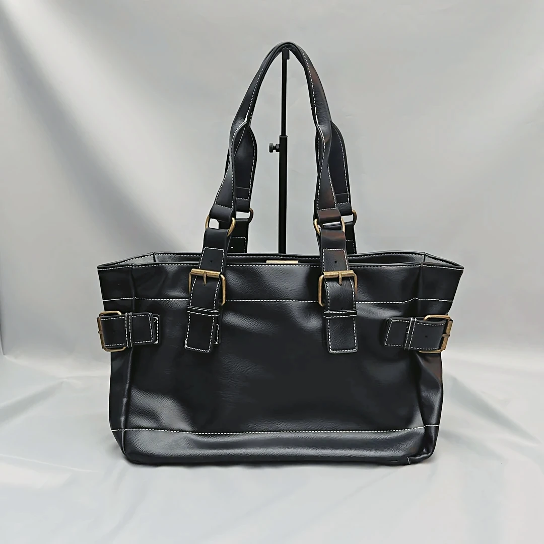 旧【704】中古黑色油皮机车海盗纹单肩托特包·QX