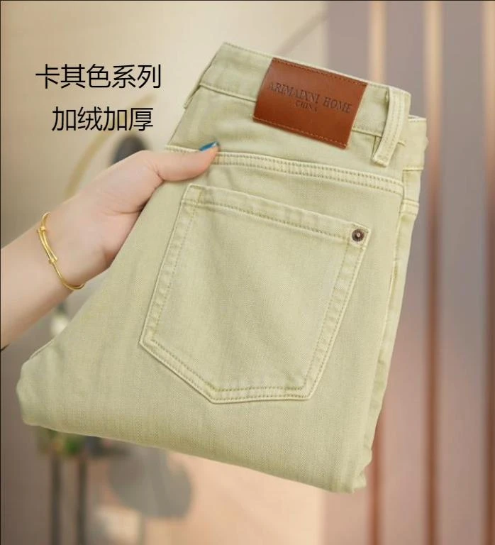 冬季加绒加厚卡其色男装修身小直筒休闲牛仔裤百搭韩版潮流的裤子