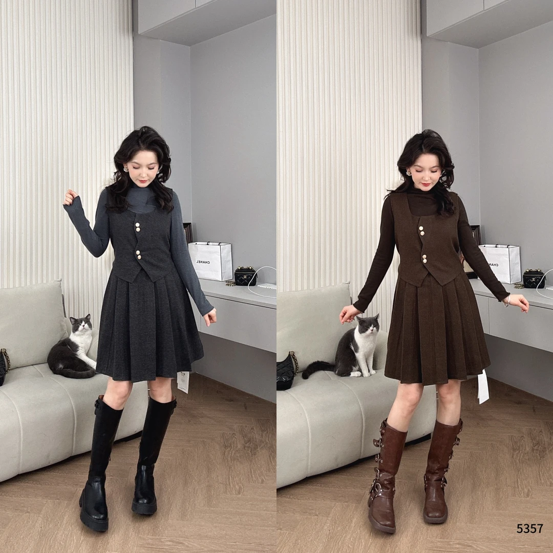 Saeda韩系新款时尚打底+马甲+百褶裙三件套时尚套装YF5357