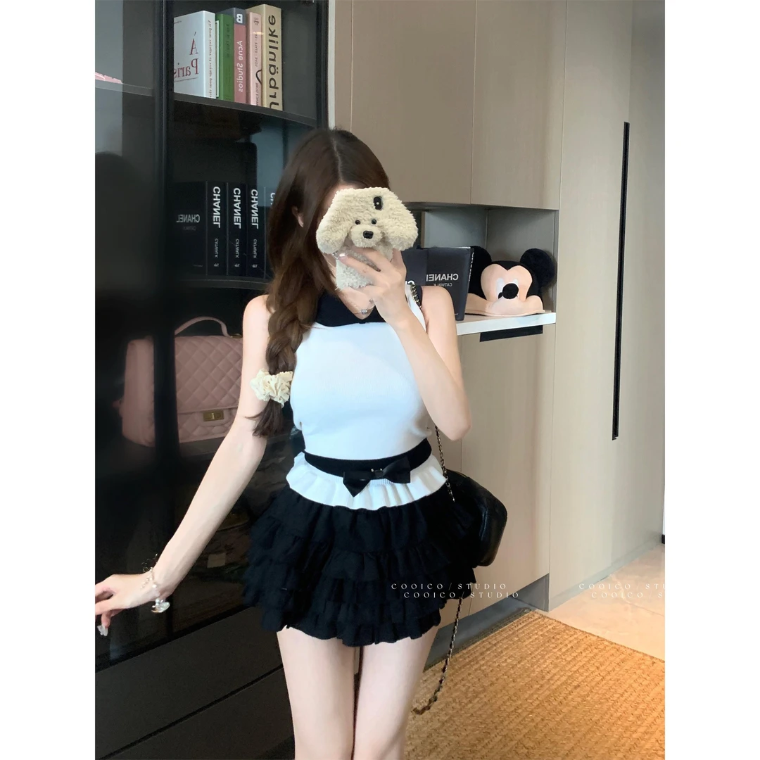 小香风蝴蝶结针织背心女夏纯欲辣妹无袖上衣独特绝美巨好看娃娃衫