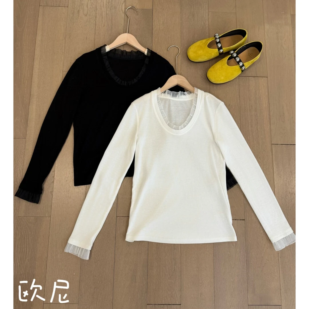 欧尼私服【U领欧根纱上衣2025春夏长袖T恤2502C446