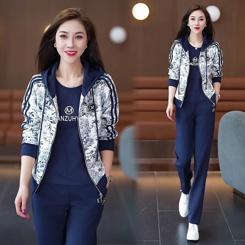 春秋款休闲运动套装女2025秋季新款洋气印花连帽外套直筒裤两件套