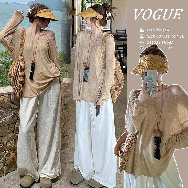 洋气时髦孕妇春夏新款薄款长袖罩衫内搭背心休闲阔腿裤三件套装潮