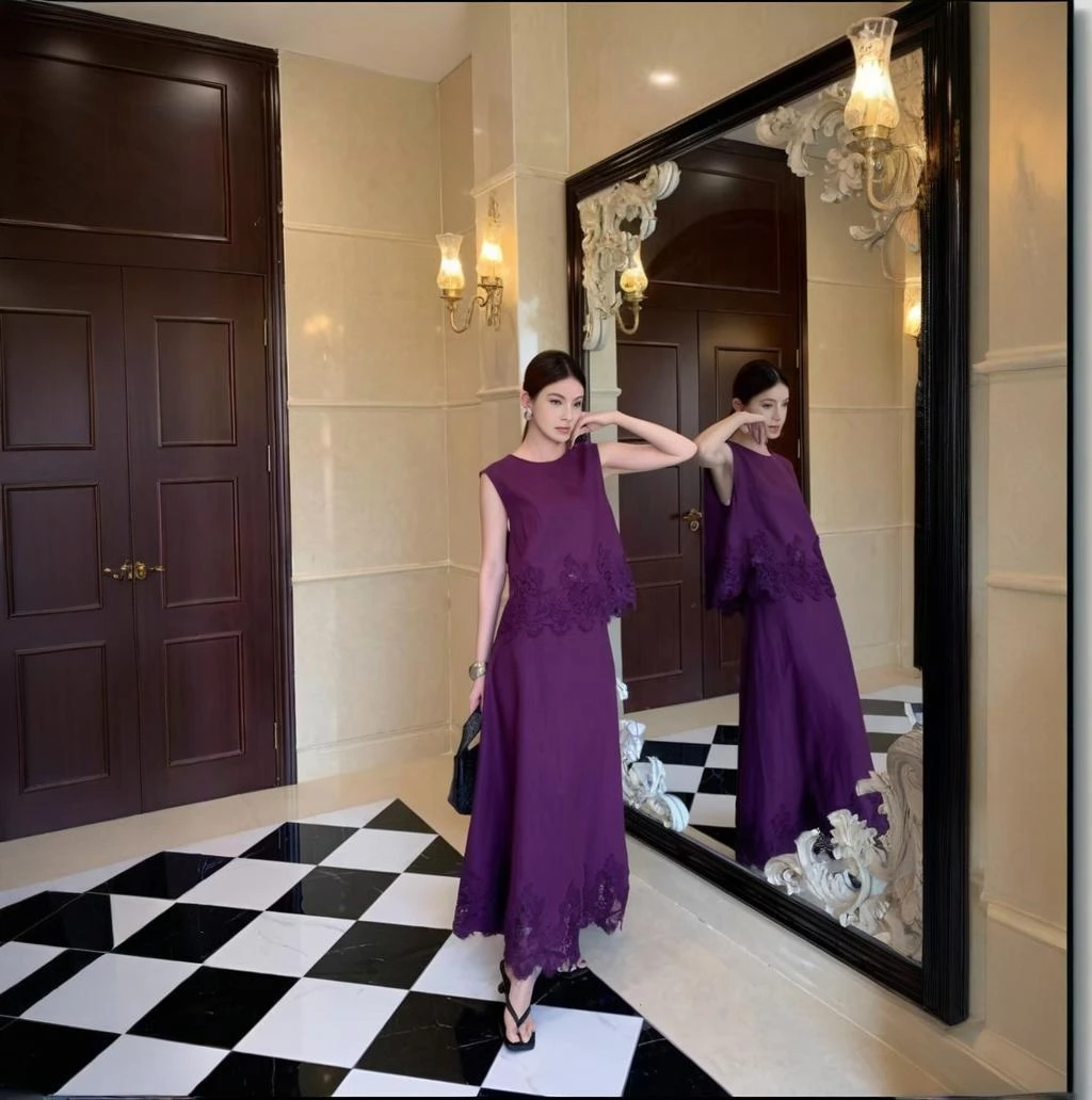 法式紫色亚麻套装优雅轻奢重工女装