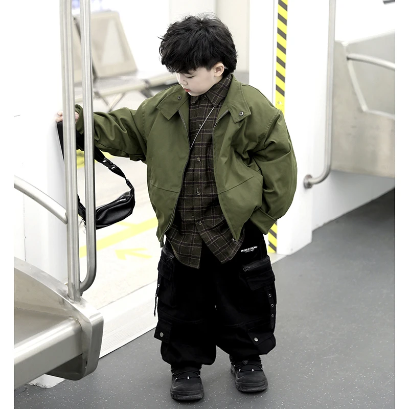 Jimmy妈童装【格间絮语】冬季新款儿童军绿格子假两件外套