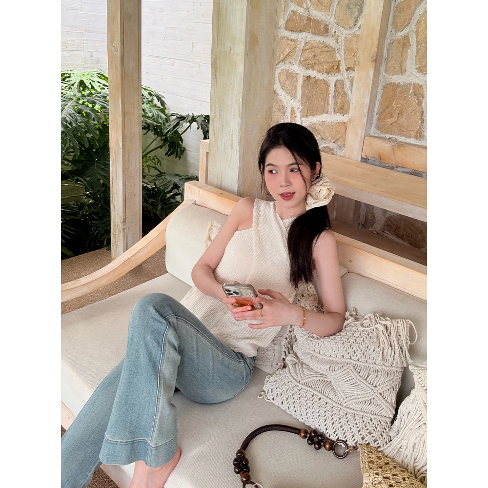 王家有鱼【漫画腿】夏季高腰复古蓝时尚百搭小个子显瘦微喇牛仔裤女