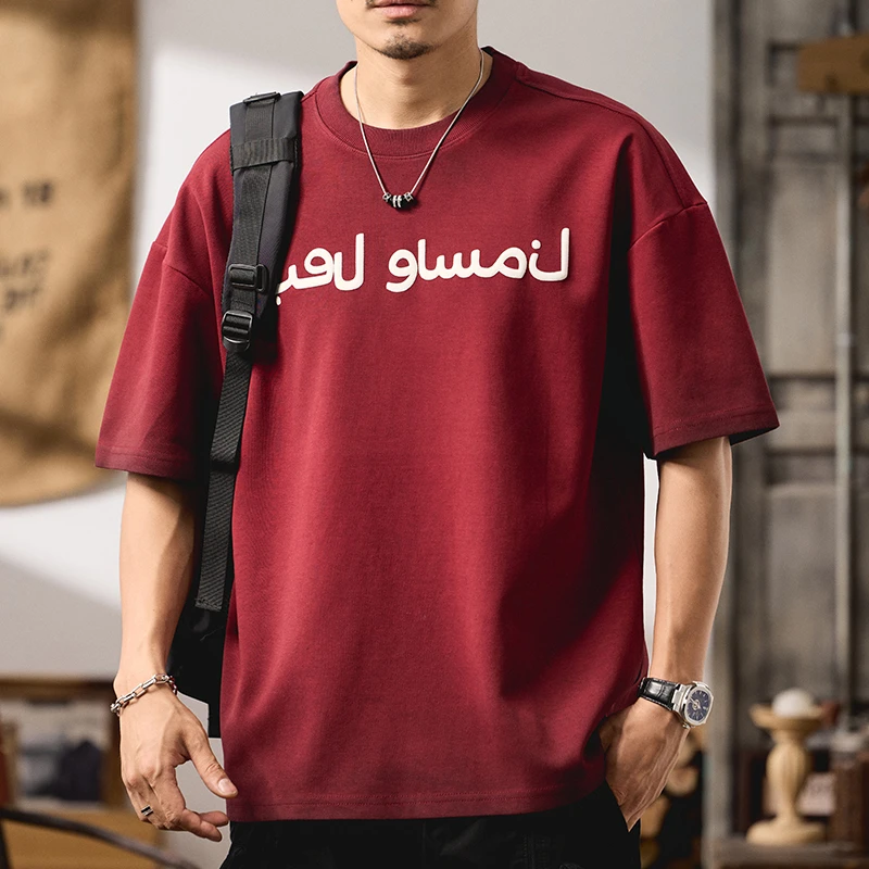 夏季潮流重磅300g水洗安可拉红美式复古宽松休闲印花圆领潮流短袖