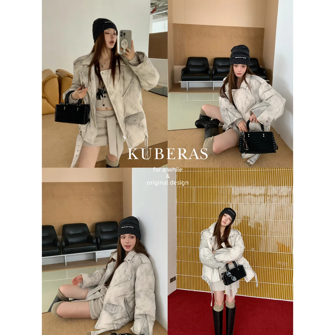 KUBERAS【保暖又时髦】废土风定制扎染羽绒服翻领复古夹克短外套