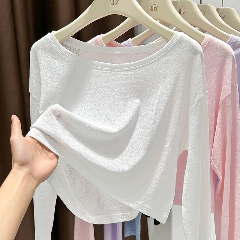 白色轻薄冰丝透视长袖防晒T恤女款夏季新款百搭圆领短款罩衫上衣