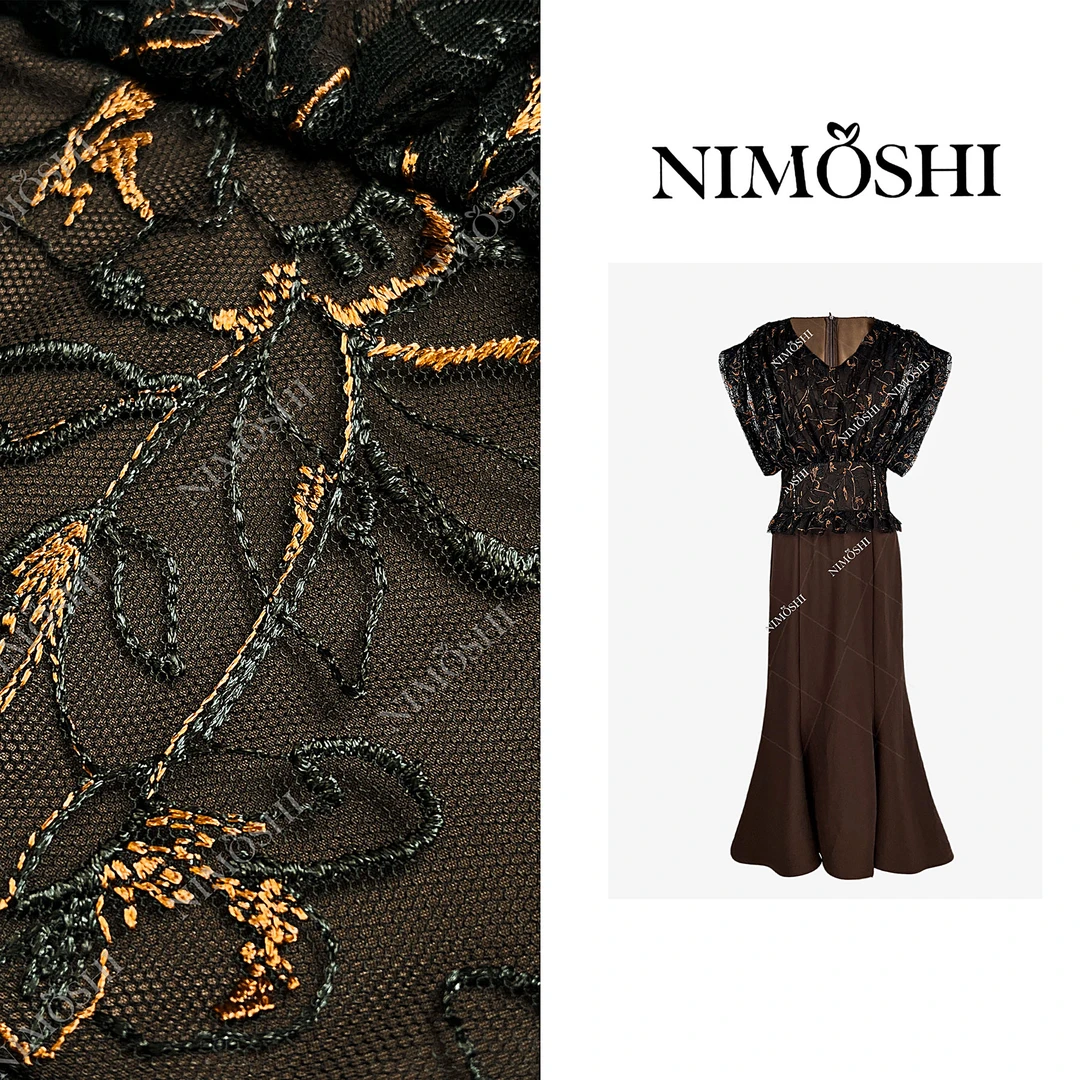 NIMOSHI【倩倩】高级暗色调网纱金丝花卉气质显瘦鱼尾连衣裙Q2070