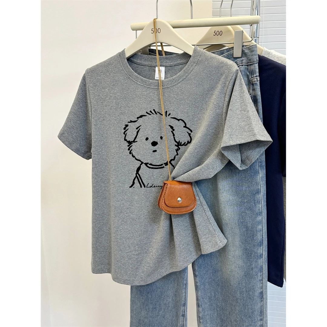 2025夏季新款胖MM可爱小狗印花大码女装正肩短袖t恤百搭显瘦上衣
