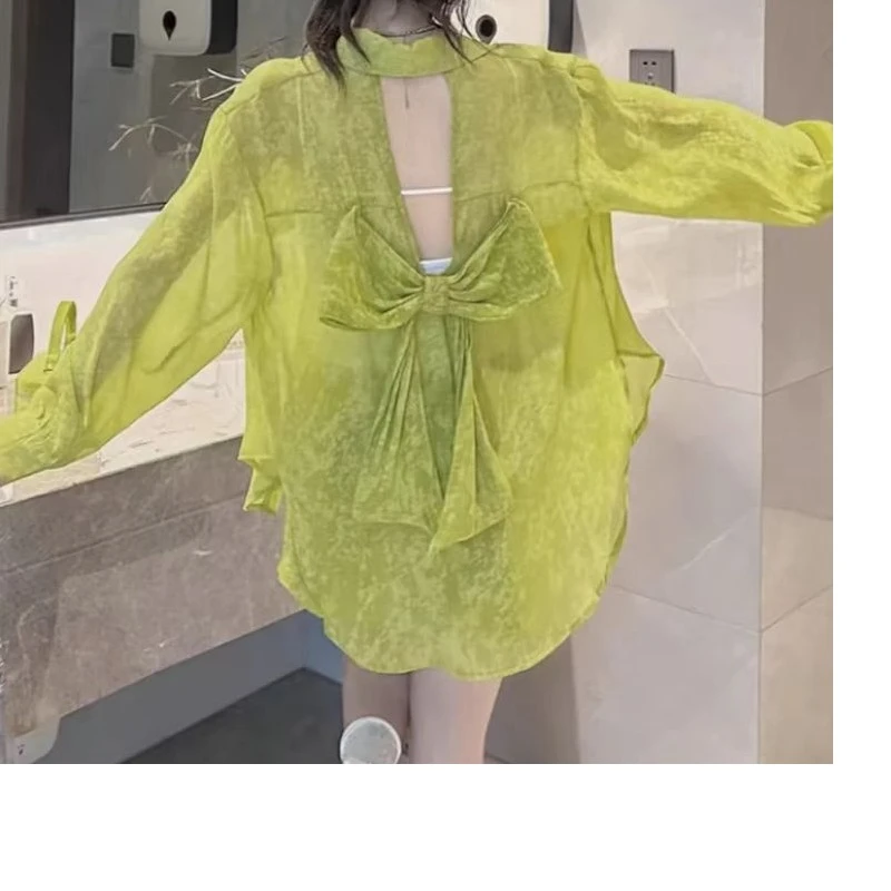 【cici专属】RX0379气质蝴蝶结印花镂空宽松防晒长袖薄款镂空衬衫