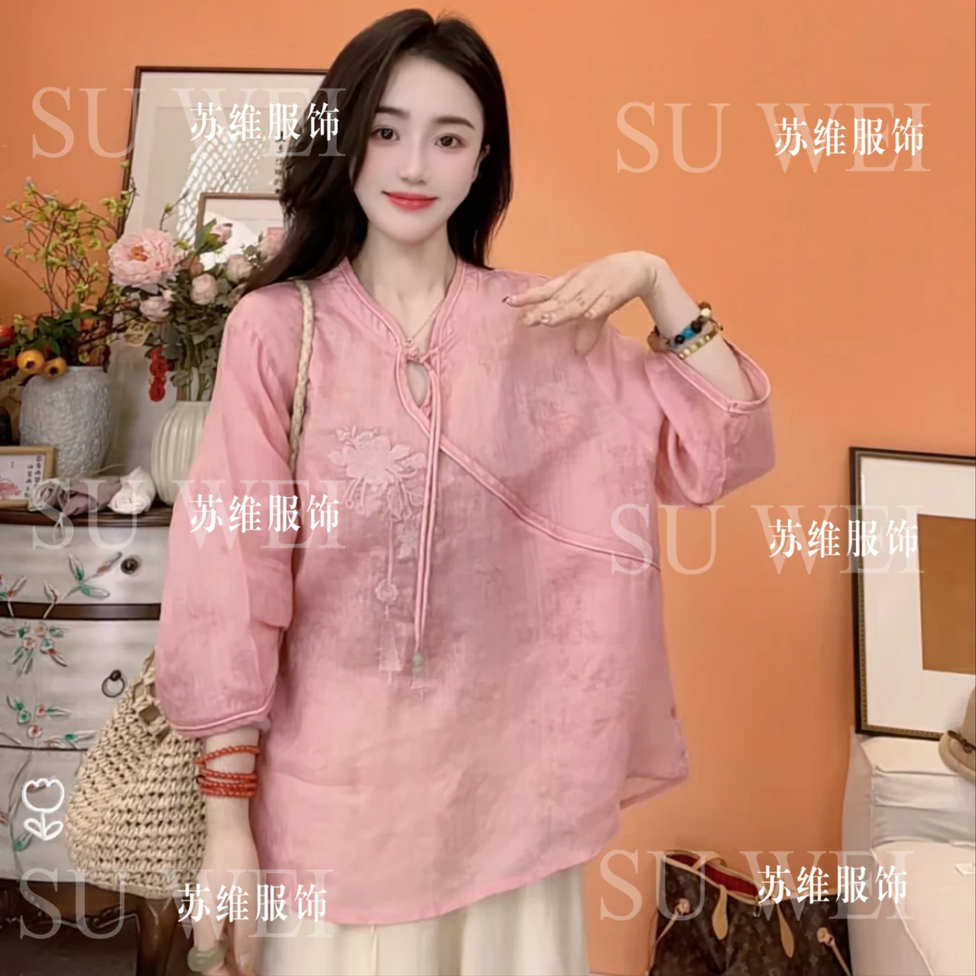 1119七分袖刺绣不起球夏季民族风衬衫宽松中国风衬衣长袖中式休闲