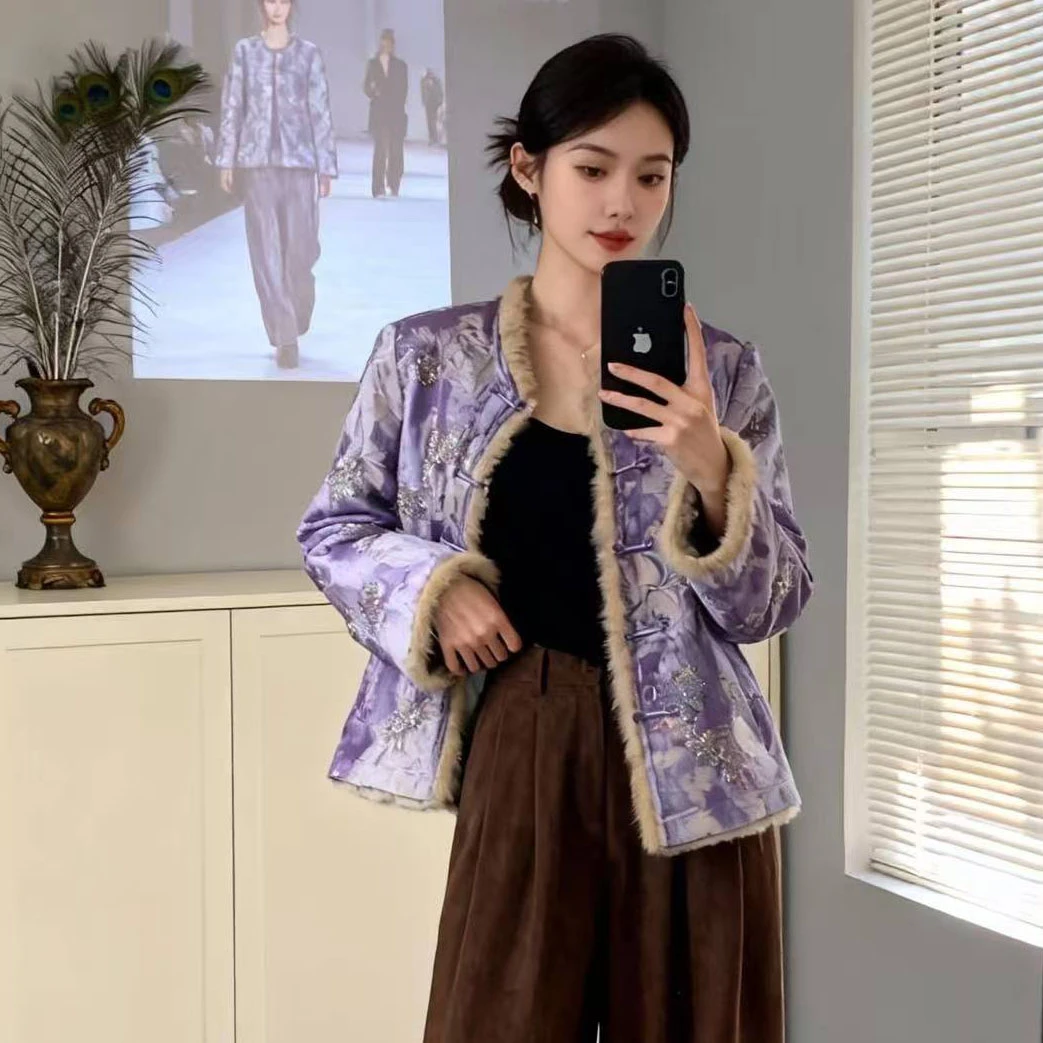 新中式外套女紫色刺绣盘扣水貂毛领双穿百搭精致时尚外套808