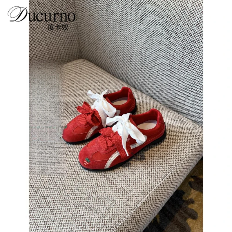 度卡奴红色德训鞋女2025秋季新款百搭系带运动休闲鞋复古阿甘鞋