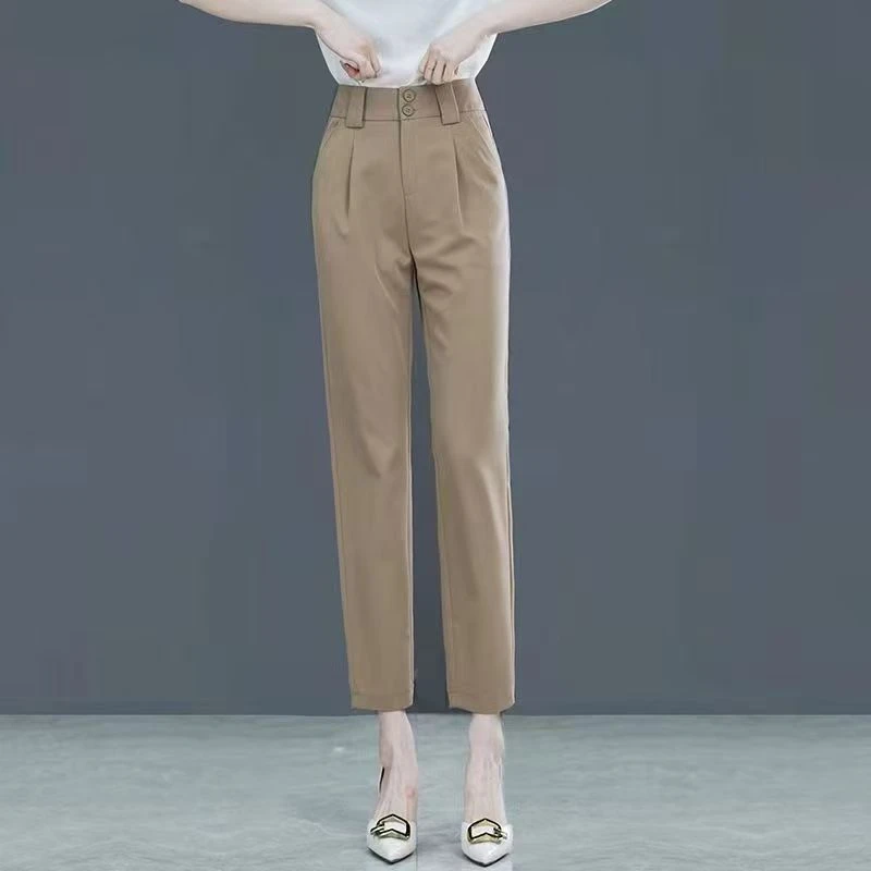 2025新款哈伦裤女高腰显瘦休闲夏季裤子女直筒九分卡其色西装女裤