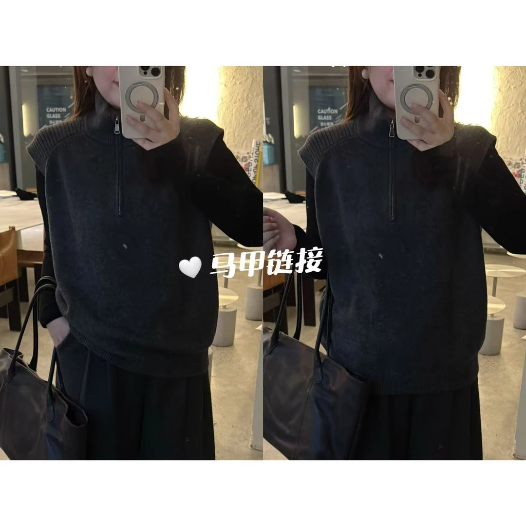 晶咕佳佳【智性衣橱】带拉链翻领针织马甲百搭叠穿时尚宽松纯色