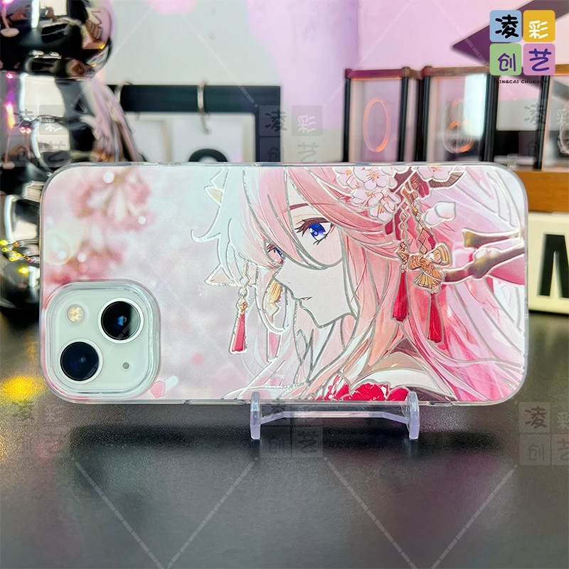 凌彩创艺适用于苹果16小米华为横版神子芙宁娜大孔IMD冰川纹壳