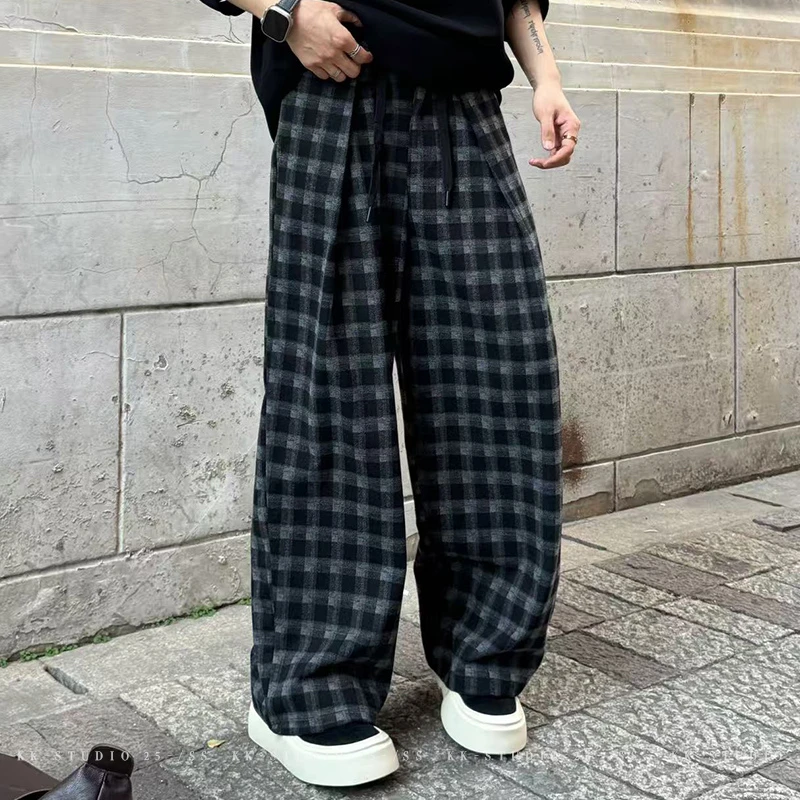 潮流春秋季宽松百搭复古格子休闲直筒阔腿长裤百搭显瘦情侣同款裤