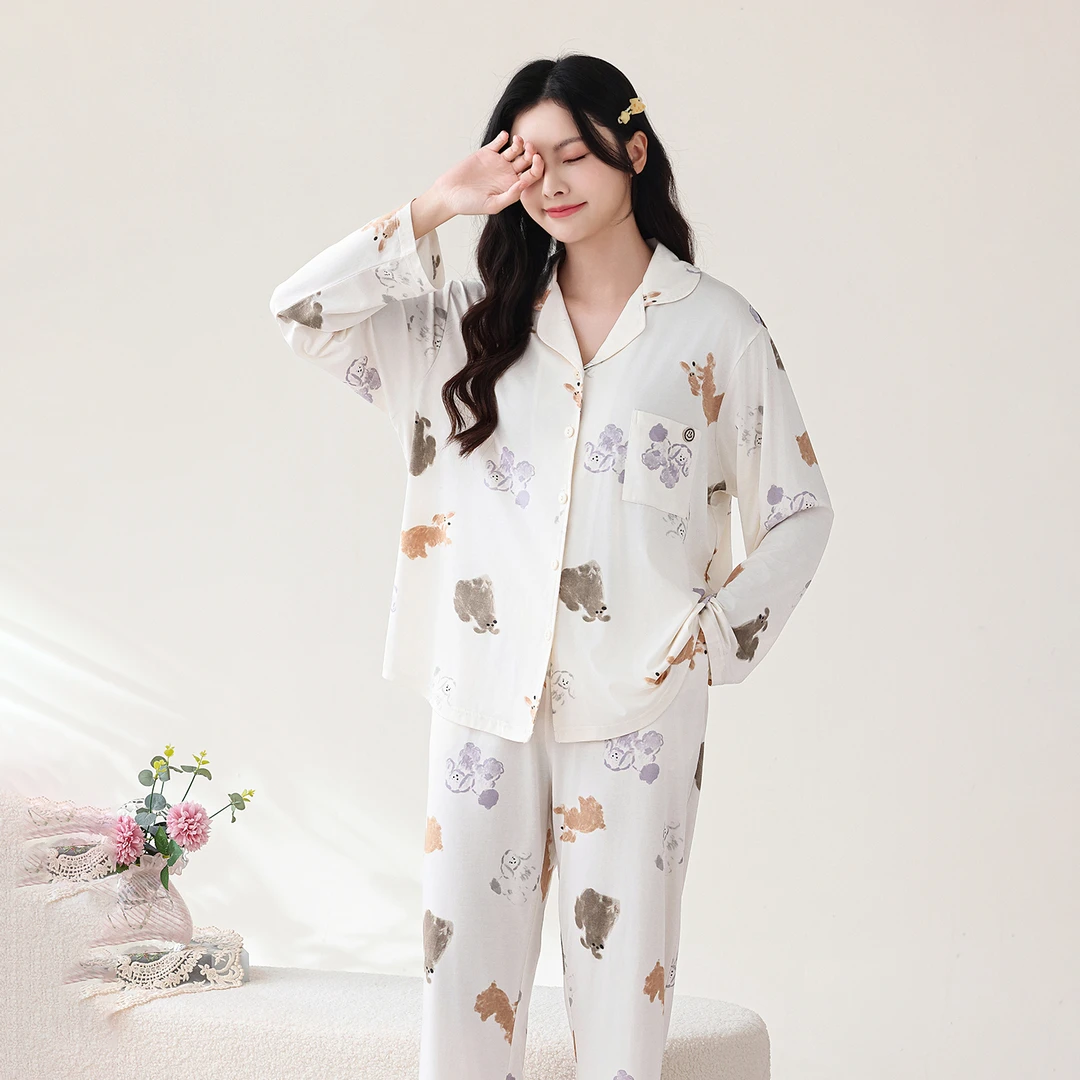 两件套女睡衣长袖长裤开衫套装春夏新款简约透气休闲外穿的家居服