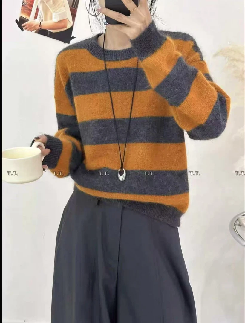 韩版毛衫欧洲站2025秋冬新款时尚圆领撞色条纹百搭显瘦针织衫上衣