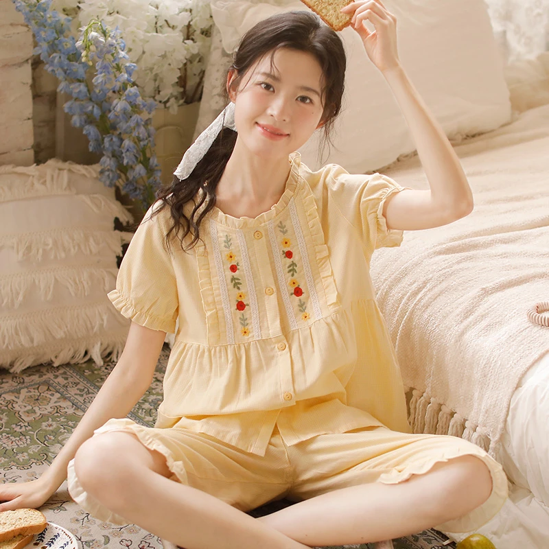 『蔷薇』富朵纯棉纱布薄款睡衣女夏季短袖甜美家居服五分短裤套装