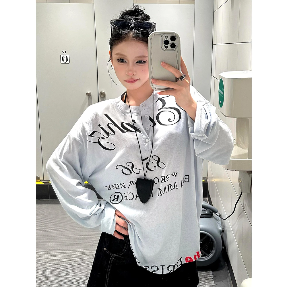 美式复古字母印花纽扣长袖T恤女夏季慵懒风防晒罩衫小众ins上衣