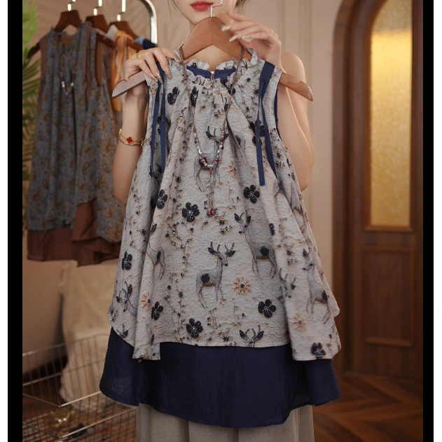 女童夏季森系复古连衣裙儿童韩版碎花无袖背心裙