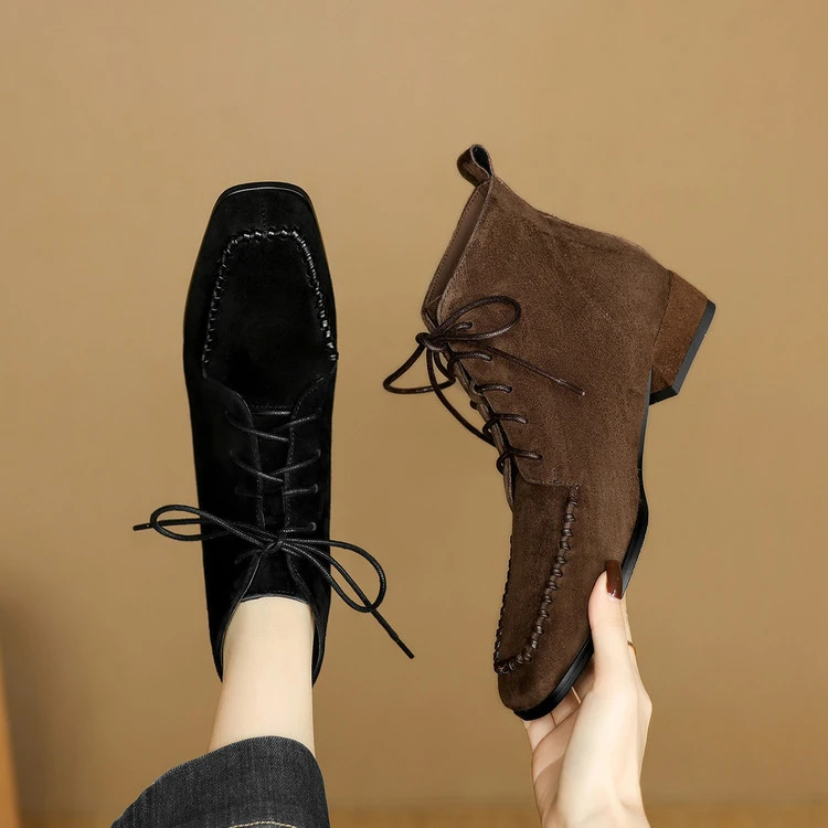 3cm~手工复古方头低跟短靴女2025秋冬新款真皮百搭系带时装短靴女