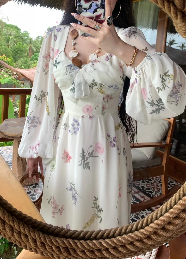 《蒲公英的约定》2025春夏植物花型印花仙女气质连衣裙长裙M103