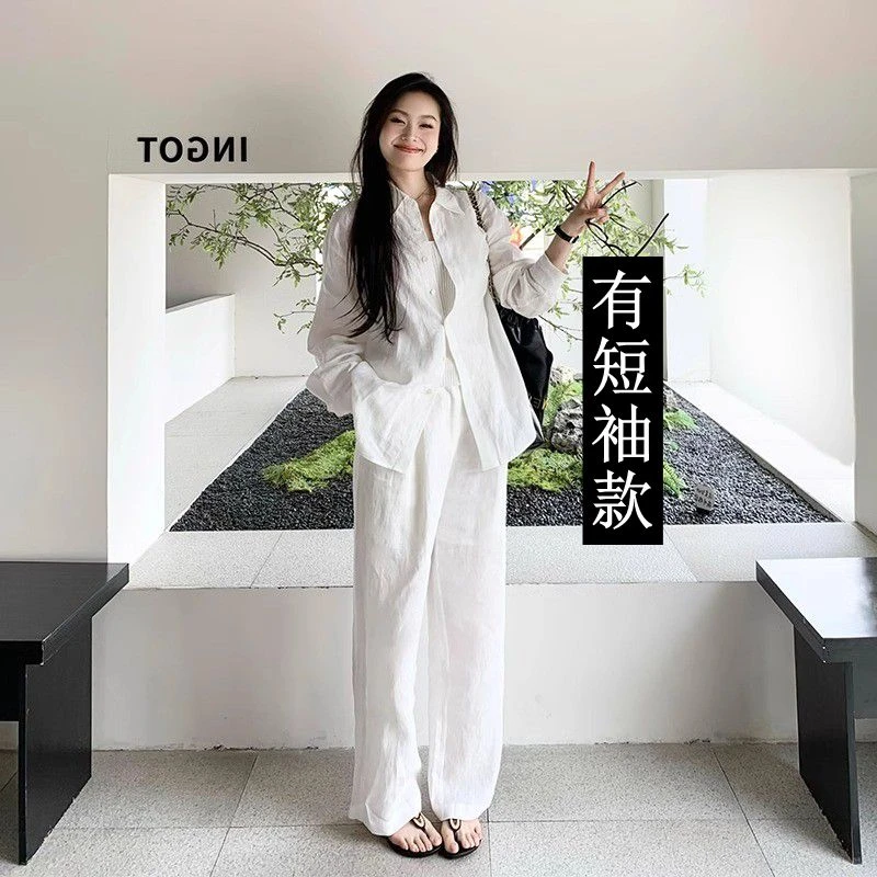 高个子棉麻套装女夏气质高级感白色衬衫短袖阔褪裤亚麻两件套175