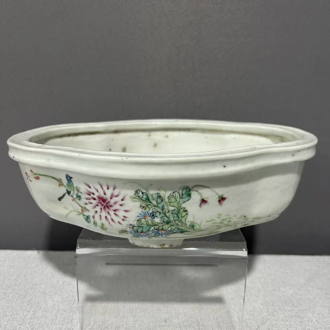 A0916805  清晚期 粉彩花鸟诗文海棠形水仙盆（长约23.3  高7）