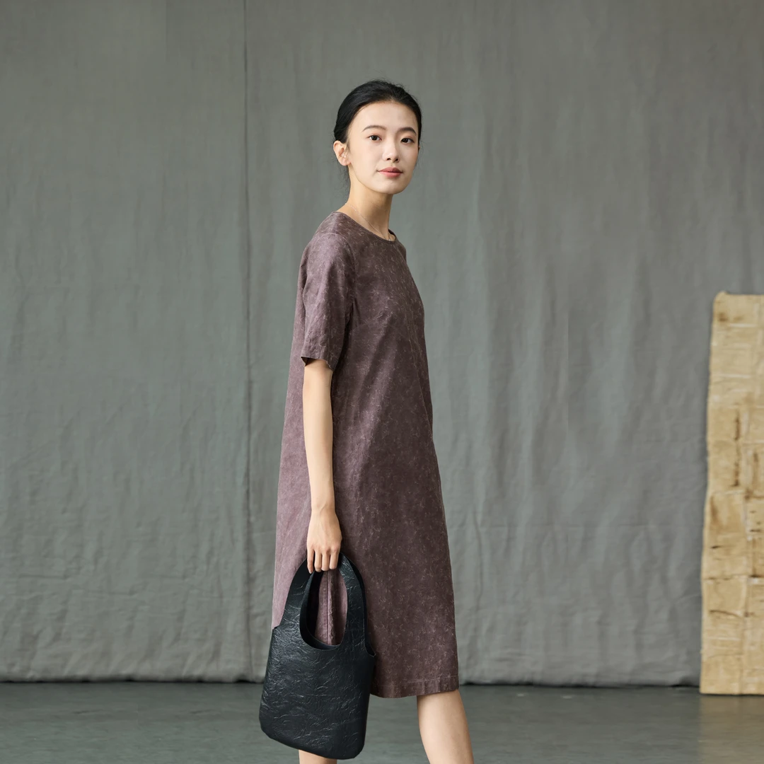 Q.TU高级不撞款汉麻棉提花连衣裙4493圆领紫色独特漂亮夏新款裙子